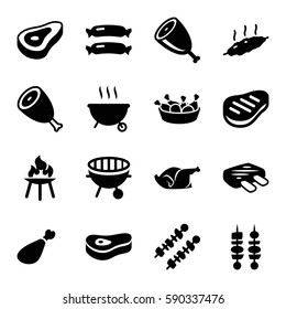 barbecue icons set. Set of 16 barbecue filled icons such as beef, sausage, chicken leg, chicken, meat leg, bbq, kebab, meat
