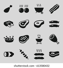 Barbecue icons set. set of 16 barbecue filled icons such as beef, sausage, chicken leg, kebab, meat leg, bacon, meat