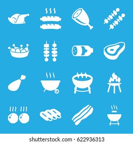 Barbecue icons set. set of 16 barbecue filled icons such as beef, sausage, chicken leg, chicken, meat leg, kebab, bacon, meat, bbq, barbeque