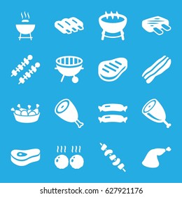 Barbecue icons set. set of 16 barbecue filled icons such as sausage, beef, chicken leg, meat leg, kebab, bbq, bacon, meat, barbecue