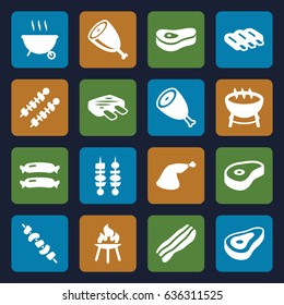 Barbecue icons set. set of 16 barbecue filled icons such as beef, sausage, meat leg, kebab, bacon, meat, bbq, barbeque