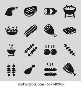 Barbecue icons set. set of 16 barbecue filled icons such as sausage, beef, chicken leg, meat leg, kebab, bacon, meat, barbecue