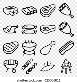 Barbecue icons set. set of 16 barbecue outline icons such as beef, sausage, chicken, meat leg, bbq, bacon, meat, kebab