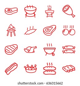 Barbecue icons set. set of 16 barbecue outline icons such as beef, sausage, chicken leg, chicken, bacon, meat, bbq, barbeque