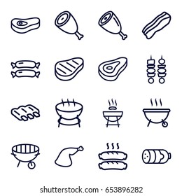Barbecue icons set. set of 16 barbecue outline icons such as beef, sausage, meat leg, bbq, kebab, bacon, meat, barbeque