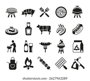 Barbecue icons. Set of 20 barbecue trendy minimal icons. Example: Grill, Sausage, Hotdog, Skewer, Apron icon. Design signs for web page, mobile app, packaging design. Vector illustration.