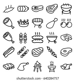 Barbecue icons set. set of 25 barbecue outline icons such as beef, sausage, chicken leg, chicken, meat leg, kebab, bbq, bacon, meat, barbeque