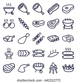 Barbecue icons set. set of 25 barbecue outline icons such as beef, sausage, chicken leg, chicken, meat leg, kebab, bbq, bacon, meat, barbeque
