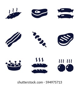 barbecue icons set. Set of 9 barbecue filled icons such as sausage, chicken leg, kebab, beef, bacon