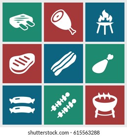 Barbecue icons set. set of 9 barbecue filled icons such as sausage, beef, meat leg, bacon, kebab, meat, bbq