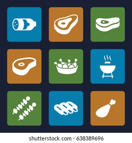 Barbecue icons set. set of 9 barbecue filled icons such as beef, sausage, chicken leg, meat leg, meat, kebab