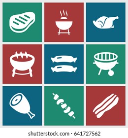 Barbecue icons set. set of 9 barbecue filled icons such as sausage, beef, chicken, kebab, bbq, bacon, barbecue