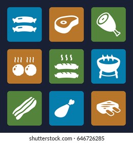 Barbecue icons set. set of 9 barbecue filled icons such as sausage, beef, meat leg, bacon, meat
