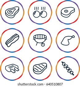 Barbecue icons set. set of 9 barbecue outline icons such as beef, meat leg, kebab, bbq, bacon