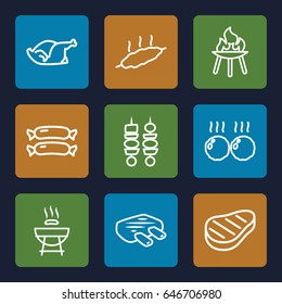 Barbecue icons set. set of 9 barbecue outline icons such as sausage, chicken, beef, kebab, meat, bbq