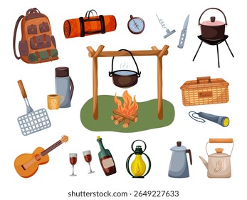 Ícones de churrasco definidos. Ferramentas de campismo ou piquenique para cozinhar. Uma panela de fervura suspensa em varas sobre um incêndio no acampamento. Dispositivos de viagem configurados. Vetor.