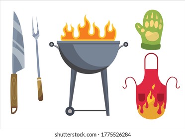 Iconos de parrillada. Conjunto de elementos para la parrilla. Parrilla barbacoa, guantes, tenedor, cuchillo y delantal. Todo está listo para una fiesta familiar