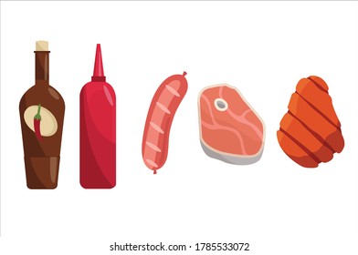 Barbecue icons. Set of elements for grilling. BBQ grill meat and vine. Everything is ready for a family party