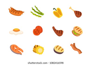 Barbecue icons set. Grill food, bbq, roast, steak cartoon vector illustration.