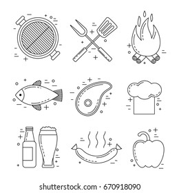 Barbecue icons set with grill, steak, beer and sausage