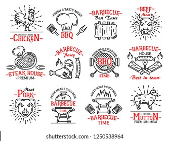 Barbecue icons and signs in line art style. Meat products chicken and beef, steak and sausage, pork and mutton. BBQ steak house symbols, butchers hat and grilling machine isolated vector set