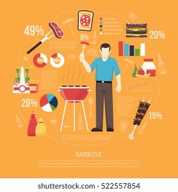 Barbecue infographics flat layout with bar and circle charts and statistic of products for grilling tools and equipment vector illustration
