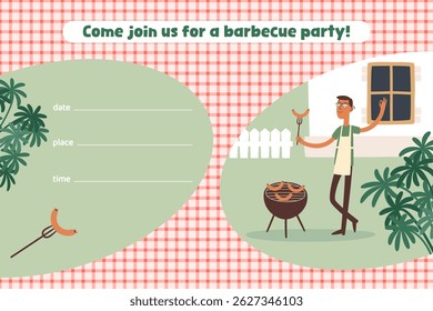 Barbecue invitation with a man grilling in backyard scene. Vector cartton illustration. Blank fields for date, time, place. Ready-to-fill invitation party template.
