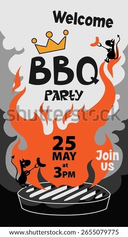 Barbecue invitation template in flat minimalistic style with cute little devils. Vertical vector illustration. BBQ party, poster