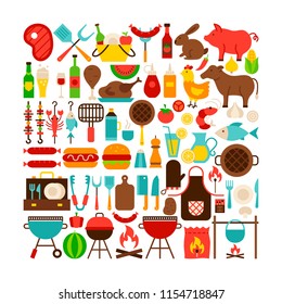 Barbecue Isolated Objects Big Set. Flat Design Vector Illustration. Colorful Items. 