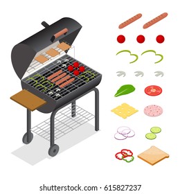 Barbecue Isometric View Charcoal Kettle Grill and Products Set. Summer Food for Picnic, Weekend For Web. Vector illustration