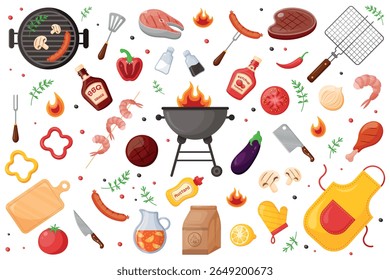 Barbecue items collection. BBQ party icons. Grill set.Decorations  for  cafe and restaurant theme.Grill, cooking tools, salmon, sausage, vegetables, steak, sauce, meat and shrimp.Vector illustration. 