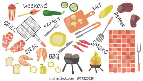 Barbecue items set isolated vector flat illustration. Barbeque elements set: grill, food,  kitchen utensils. BBQ equipment. Isolated on white.