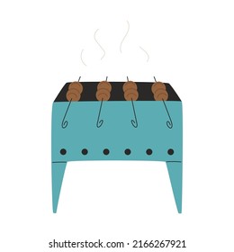 Barbecue with kebabs on skewers. Grilled meat on coals. Food cooked at a picnic, camping, hiking, traveling. A dish of Caucasian cuisine. Flat vector illustration isolated on a white background.