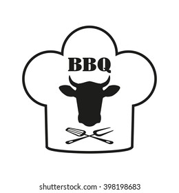 Barbecue label or BBQ sign with beef and chef hat emblem isolated on white background. Grill menu design template. Vector illustration.
