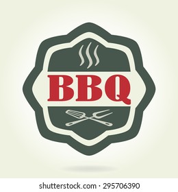 Barbecue label or BBQ stamp isolated on white background. Grill menu design template. Colorful vector illustration.
