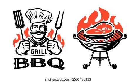 Barbecue labels, badges and design elements for restaurant menu. Bbq, grill food emblem set vector