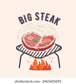 Barbecue, large steak roasting on the grill, on coals, on the fire. Illustration of an a grotesque exaggerated, vector illustration.