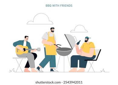 Barbecue conceito de lazer. Amigos desfrutam de um churrasco com música e bebidas em um ambiente ao ar livre tranquilo. Grelhar, relaxar, camaradagem. Ilustração vetorial.