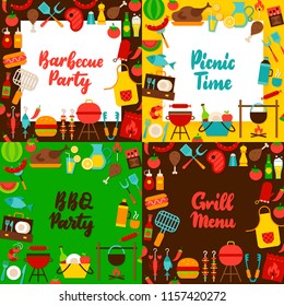 Barbecue Lettering Posters Set. Vector Illustration of Flat Style Postcards.