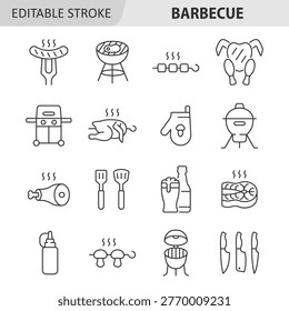 Barbecue line icon set with editable stroke. Linear vector graphics of meat, grill equipment and cooking tools for summer party, picnic and outdoor kitchen.