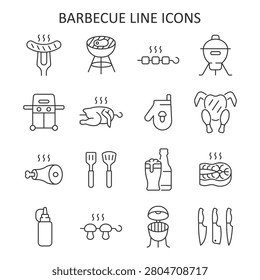 Barbecue line icon set. Linear vector graphics of meat, grill equipment and cooking tools for summer party, picnic and outdoor kitchen.
