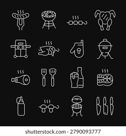 Barbecue line white icon set. Linear vector graphics of meat, grill equipment and cooking tools for summer party, picnic and outdoor kitchen. Editable stroke.