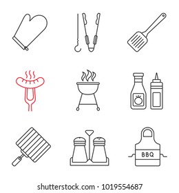 Barbecue linear icons set. BBQ. Oven mitt, skewer and tongs, spatula, grilled sausage, grills, ketchup and mustard, apron. Thin line contour symbols. Isolated vector outline illustrations