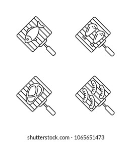 Barbecue linear icons set. BBQ. Hand grills with fish, chicken drumsticks, meat steak and sausages. Thin line contour symbols. Isolated vector outline illustrations