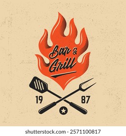 Barbecue logo. Bar and Grill logo with fire flame, spatula and grill fork. Vintage emblem for BBQ restaurants, outdoor events, or steak houses. Grunge texture. Retro-style vector illustration.