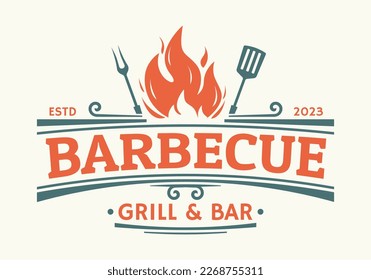 Barbecue logo. BBQ, Grill icon with fire, grill fork and spatula. Restaurant label or badge vintage design. Vector illustration.