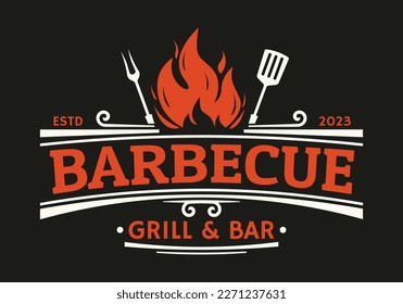 Barbecue logo. BBQ, Grill icon with fire, grill fork and spatula. Restaurant label or badge vintage design. Vector illustration.