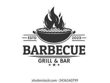 Logo de Barbacoa. Barbacoa, icono de parrilla con llama de fuego. Etiqueta de restaurante de carne. Ilustración vectorial.