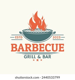 Barbecue logo. BBQ, grill icon or label with fire flame. Meat restaurant, steak house design element. Vector illustration.