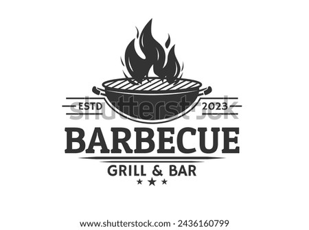 Barbecue logo. BBQ, grill icon with fire flame. Meat restaurant label. Vector illustration.